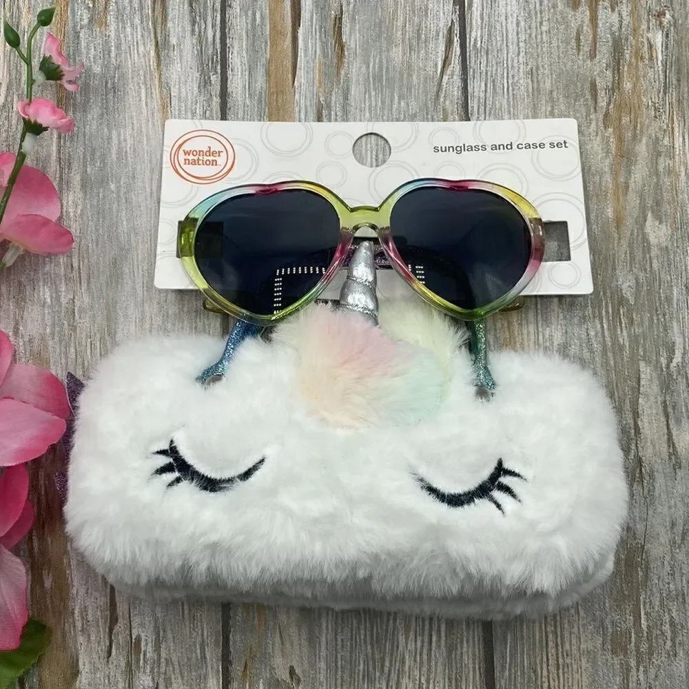 Girls Fun Summer Sunglasses With Unicorn & Sloth Faux Fur Carrying Cases 2-Pack